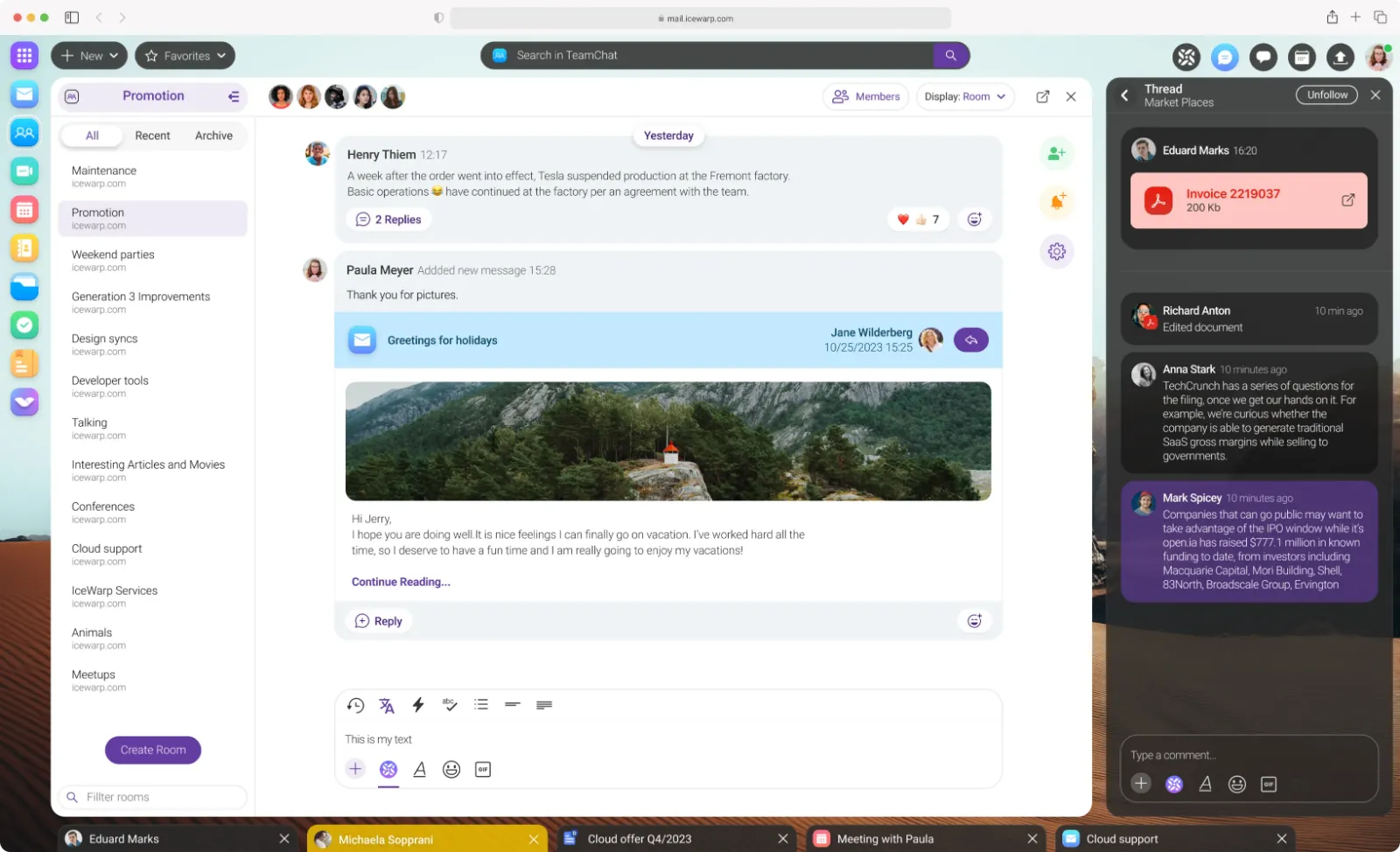 Screenshot of IceWarp in the browser: TeamChat with a list of rooms and an email shared into the room.