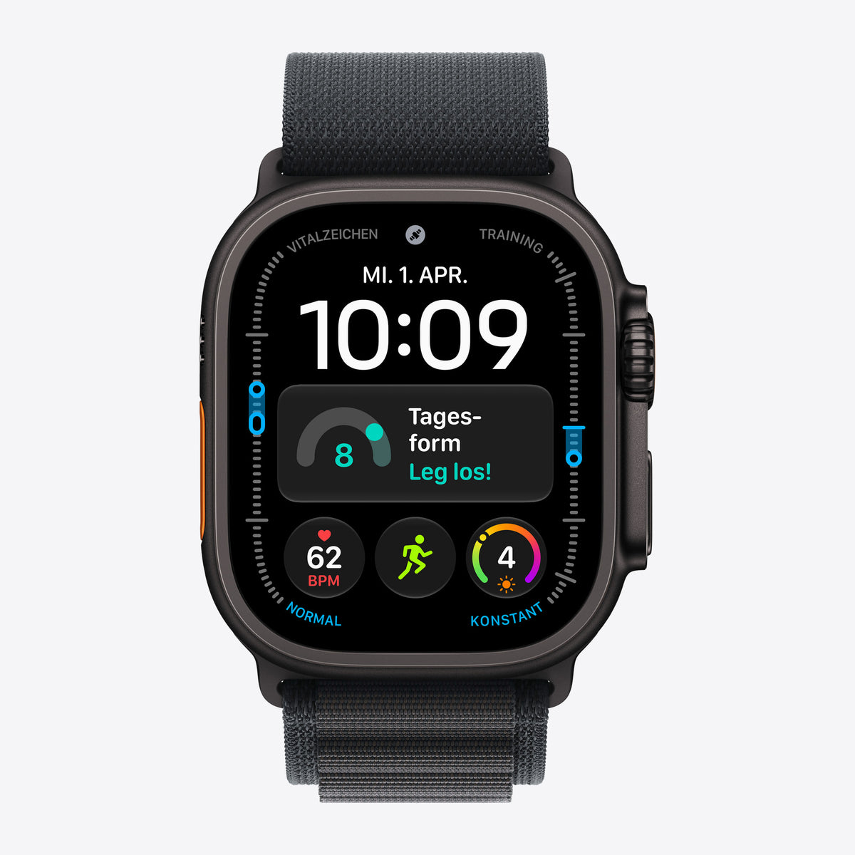 Apple Watch Ultra 3 Black Titanium, Black Alpine Loop – Front view