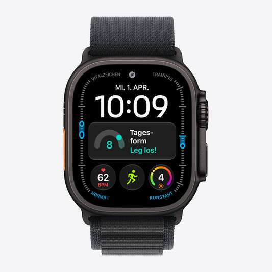 Apple Watch Ultra 3 Black Titanium, Black Alpine Loop – Front view