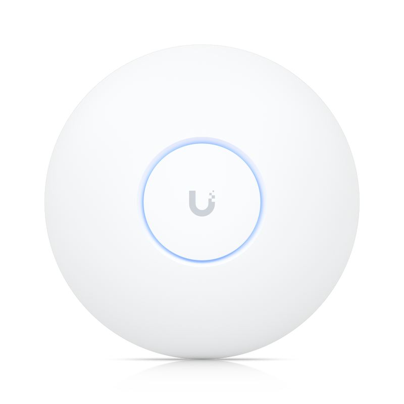 Access point from the UniFi range by Ubiquiti: round white disc with a light ring