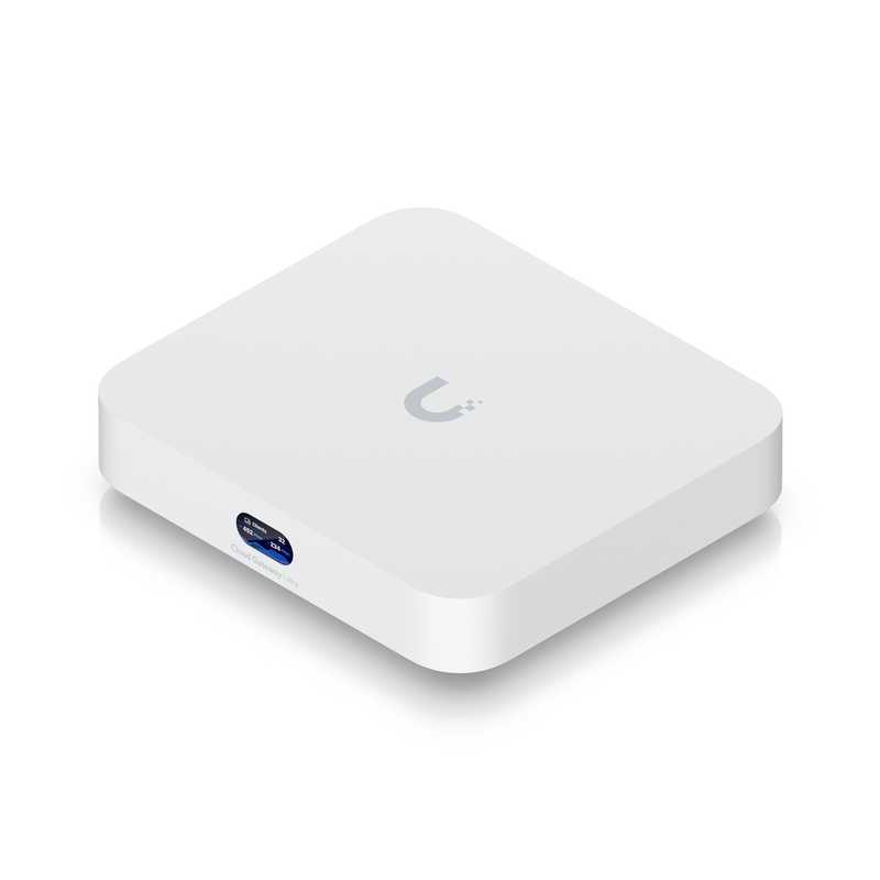 Gateway from the UniFi range by Ubiquiti: flat white unit with a small display