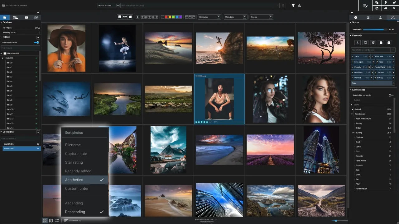 Screenshot of Excire Foto: photo overview sorted by aesthetics, with rating and keywords on the right