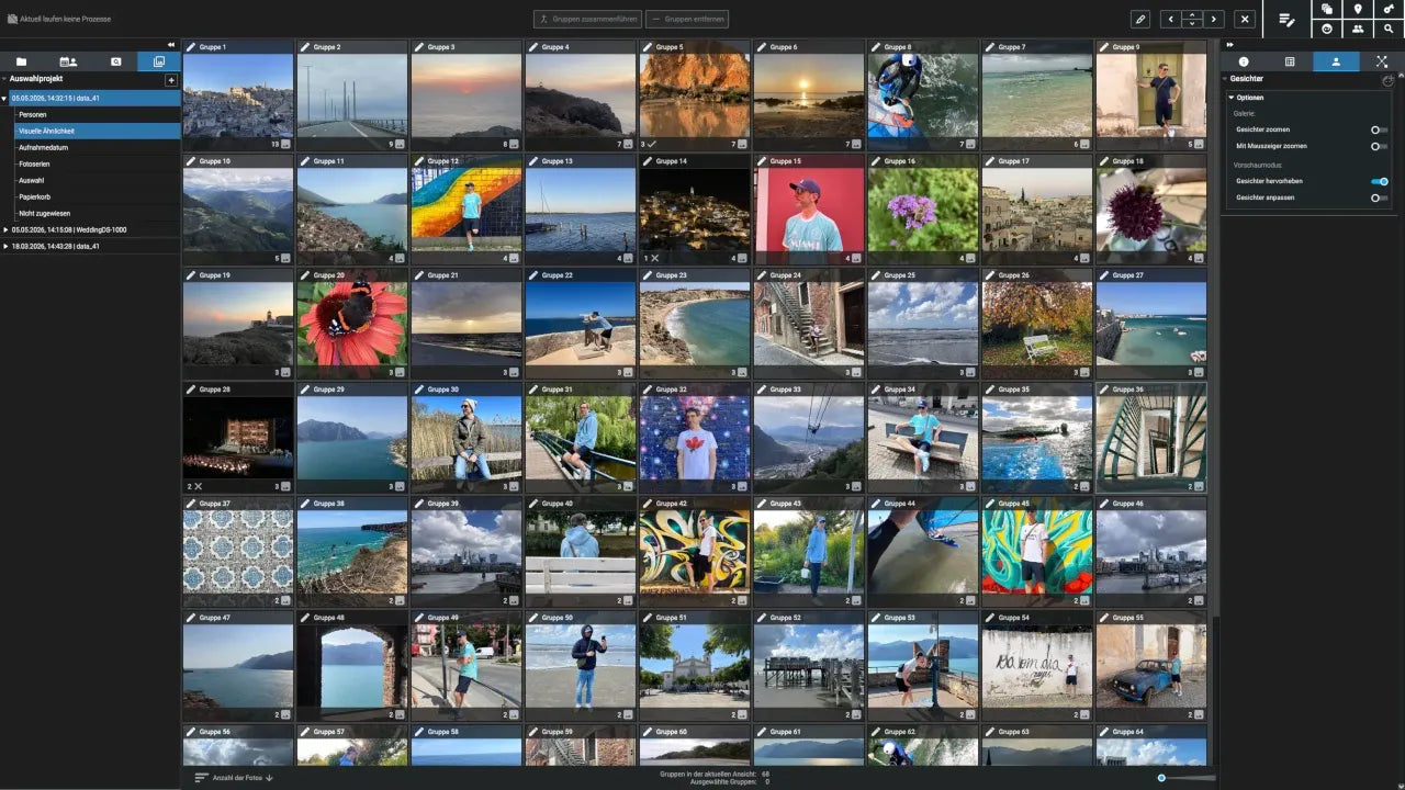 Bildschirmfoto von Excire Foto: Fotos eines Auswahlprojekts, nach visueller Ähnlichkeit in Gruppen sortiert