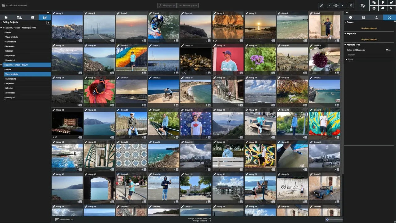 Screenshot of Excire Foto: photos of a selection project, sorted into groups by visual similarity