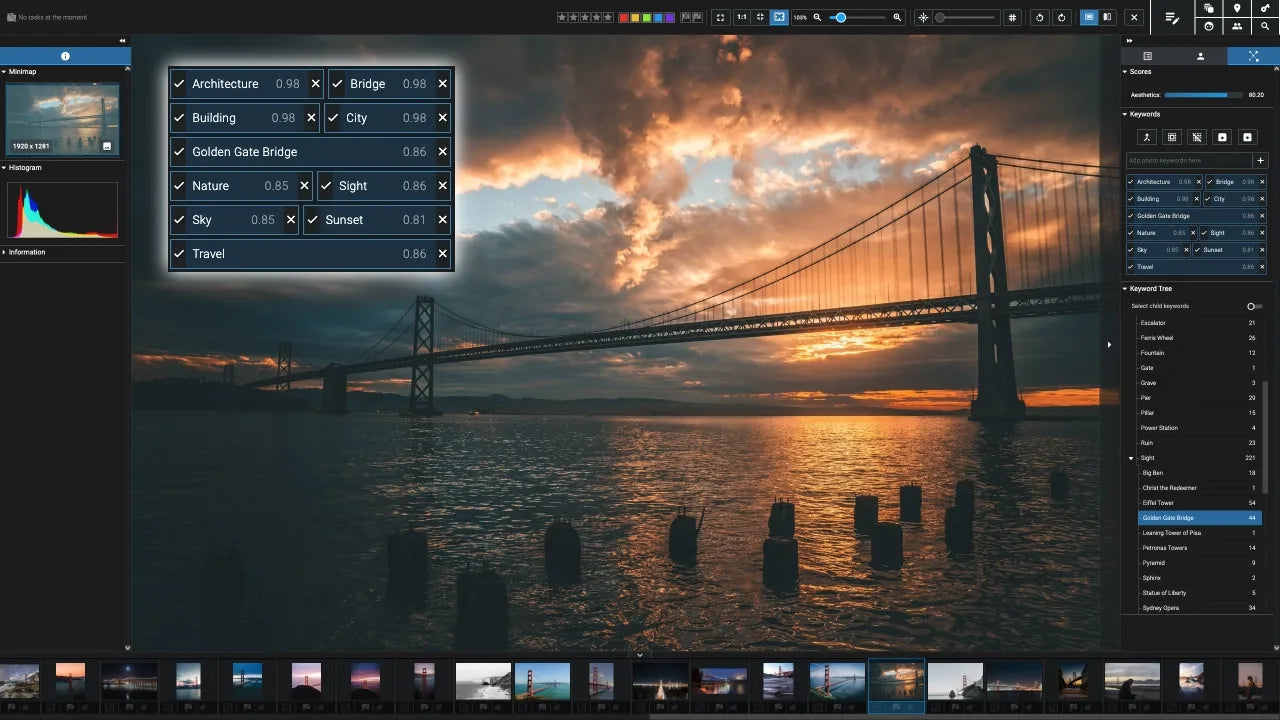 Screenshot of Excire Foto: photo of a bridge in evening light with automatically assigned keywords such as architecture, bridge, sunset