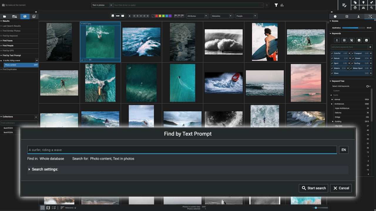 Screenshot of Excire Foto: search by text prompt “A surfer riding a wave”, with the photos found above it