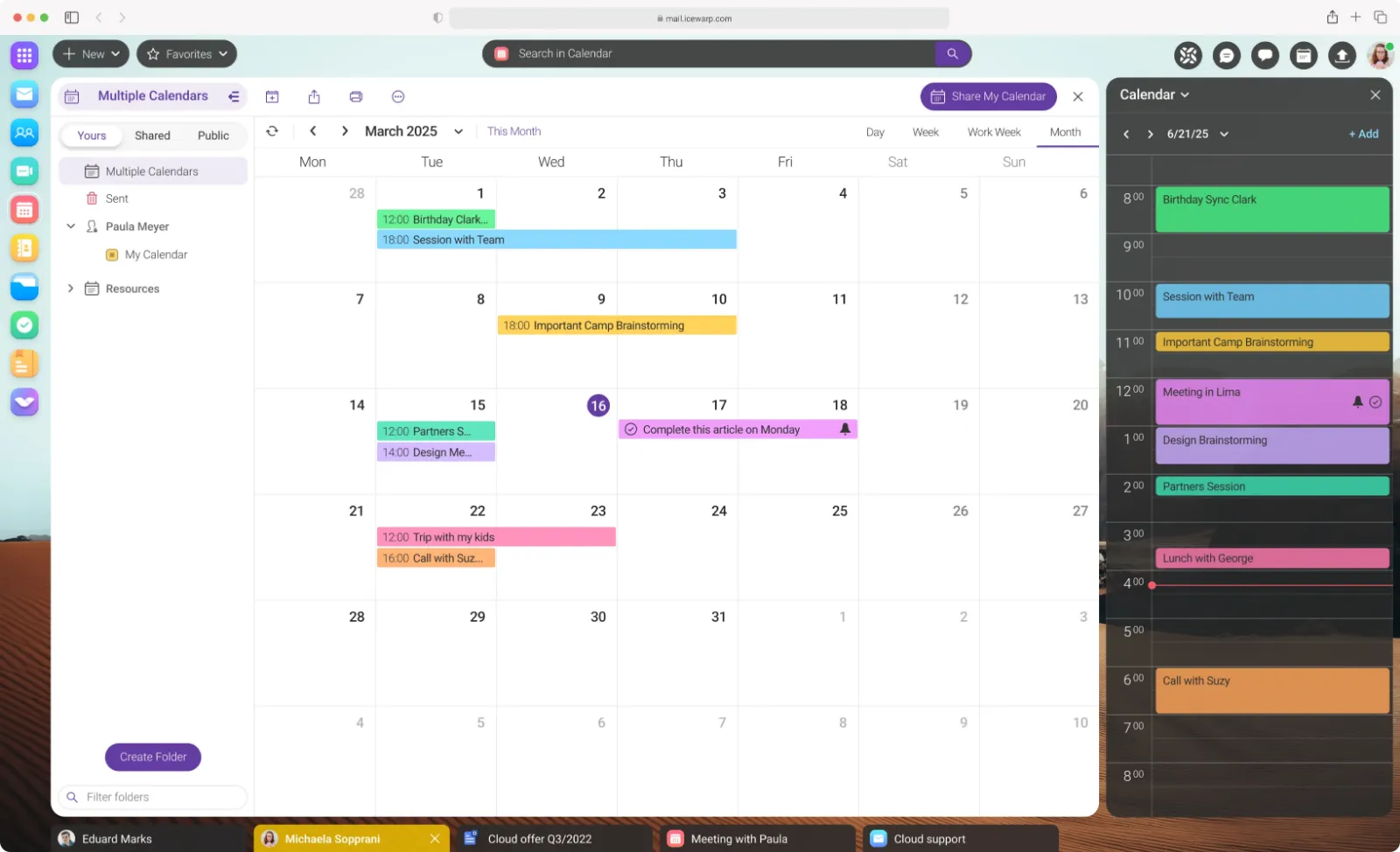 Screenshot of IceWarp in the browser: month calendar with colored events and a day view beside it.