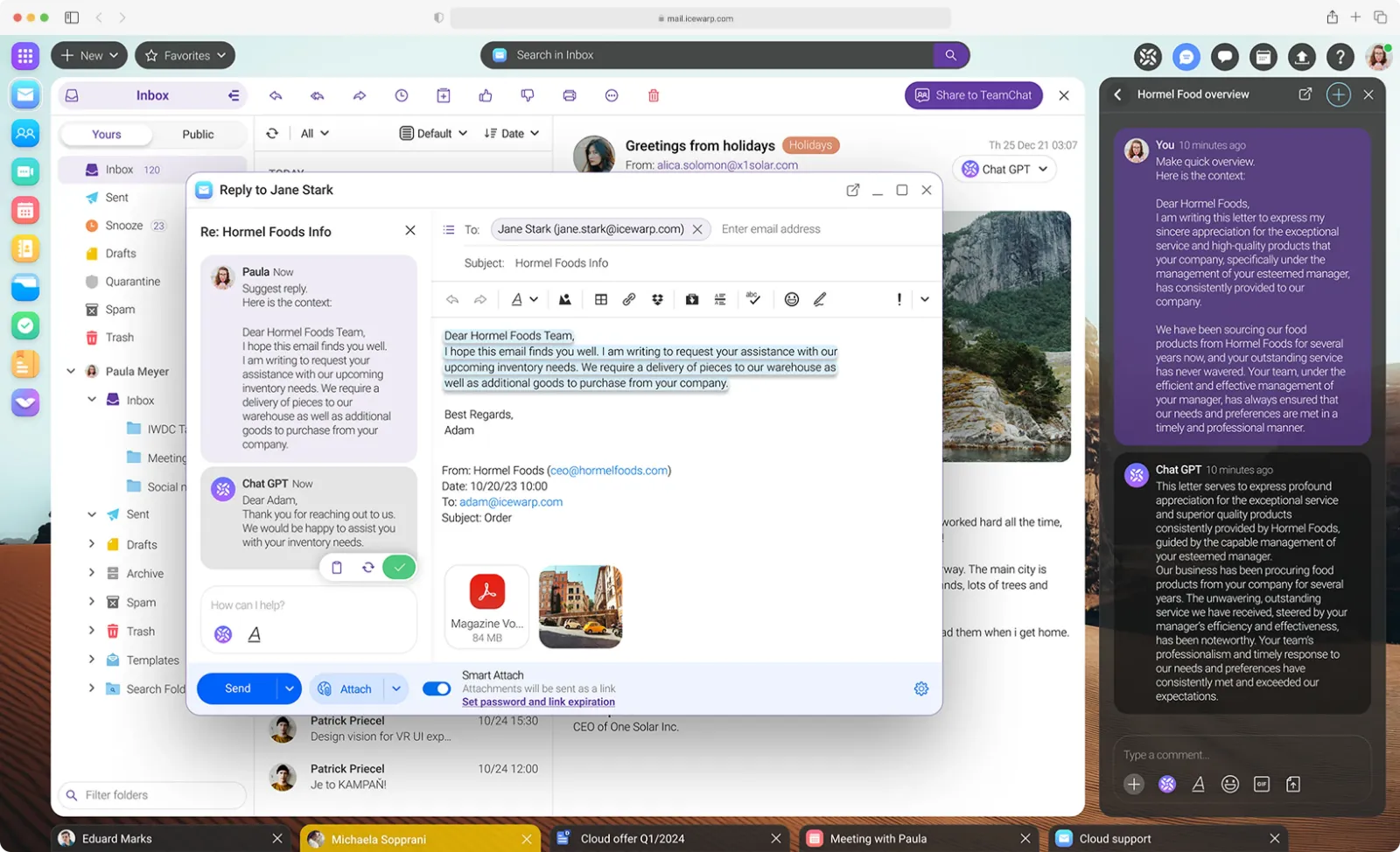 Screenshot of IceWarp in the browser: inbox with folder list and an open reply window.